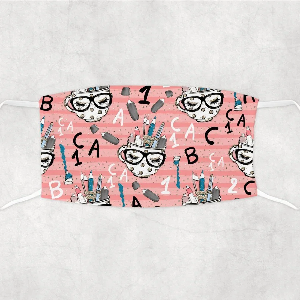 Women's Girls Pink Gold Sparkly School Design Custom Hand Pressed Face Mask